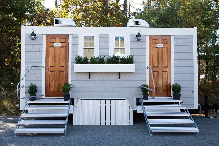 Wedding restroom units discretely staged at a venue in San Juan Capistrano, California